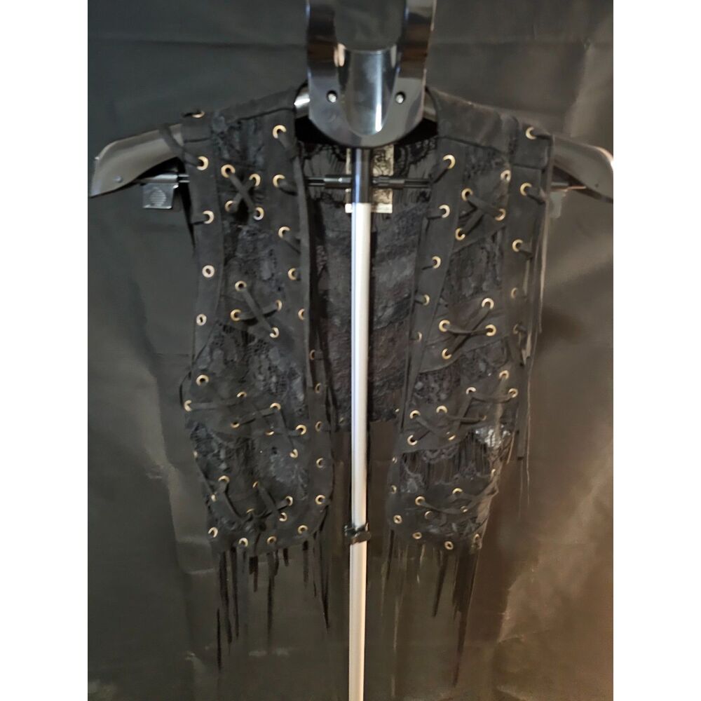 Vocal Black Lace Corset-Style Grommet Lace-Up Vest with Fringe Bottom